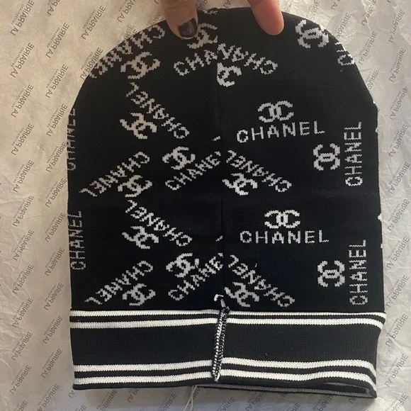 CHANEL Monogram Black and White Knit Hat